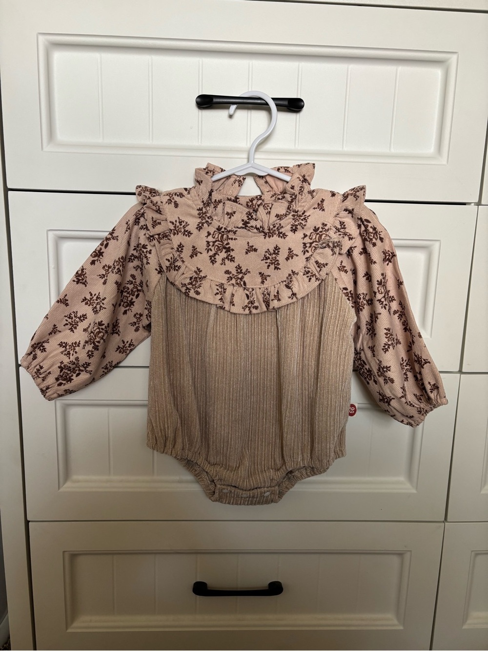 Baby Girls Beige Floral Ruffle One-Piece Romper